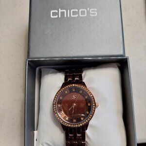 NIB Chico's Chocolate Brown Metallic Bracelet Link Adjustable Watch Ret. $89.50